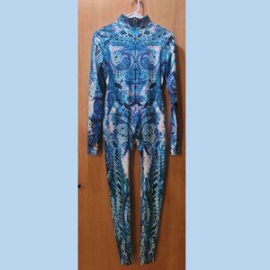 Psychedelic Blue Jumpsuit Long Sleeve Spandex Bodysuit - Women's Medium